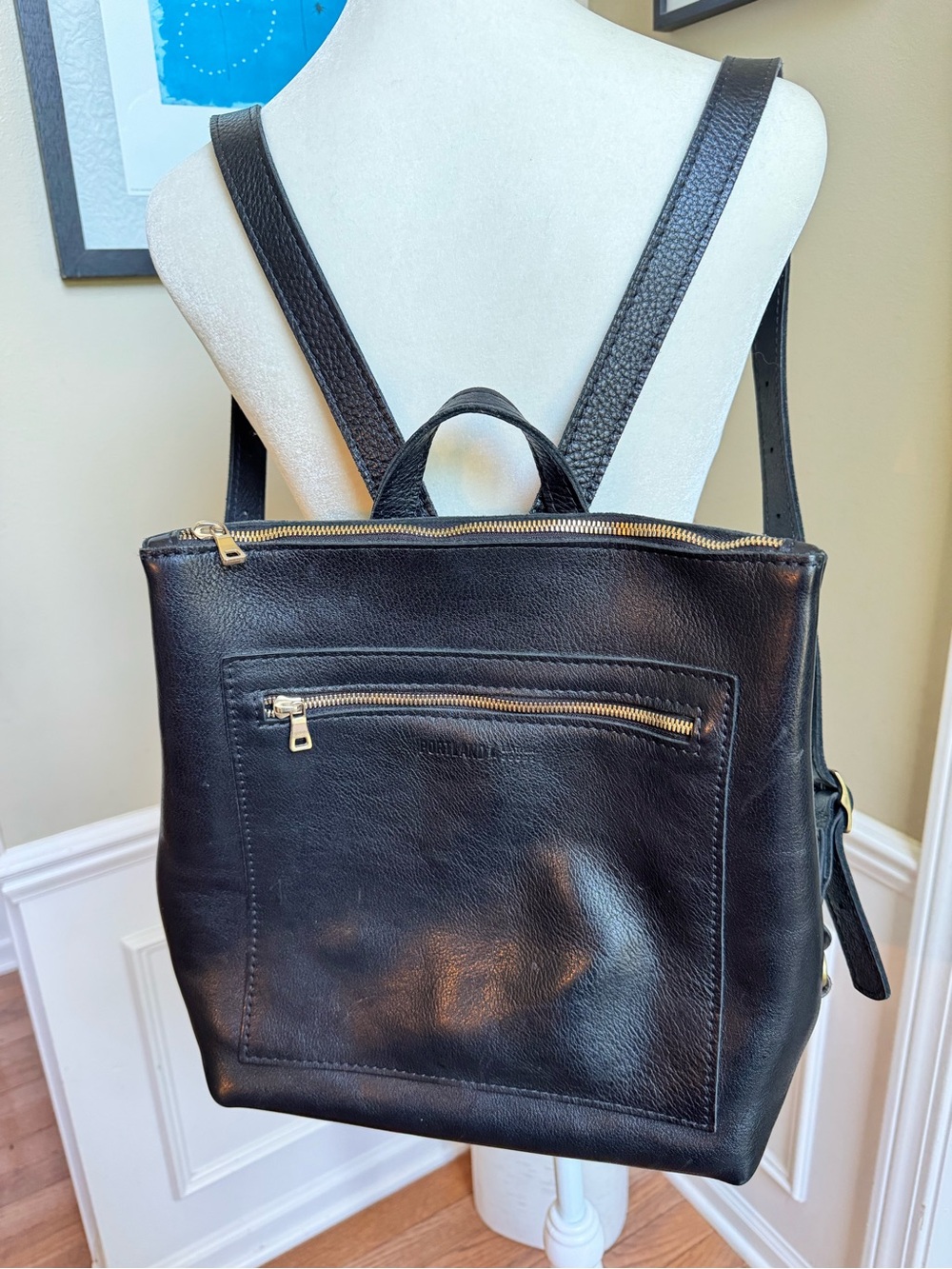 Portland Leather Backpack, pebbled black with gold zippers